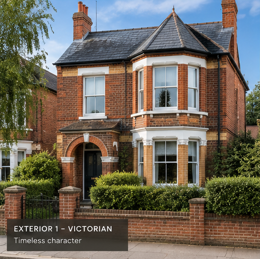 Illustrative Victorian property frontage with a bay window and garden